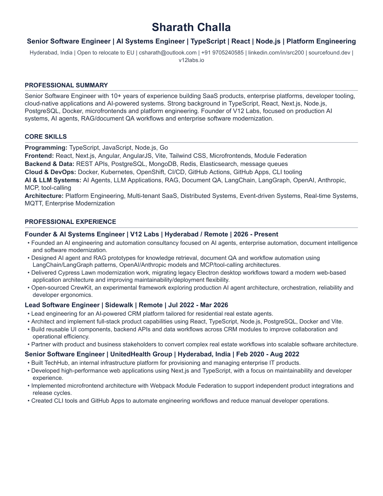 Page 1 of Sharath Challa resume